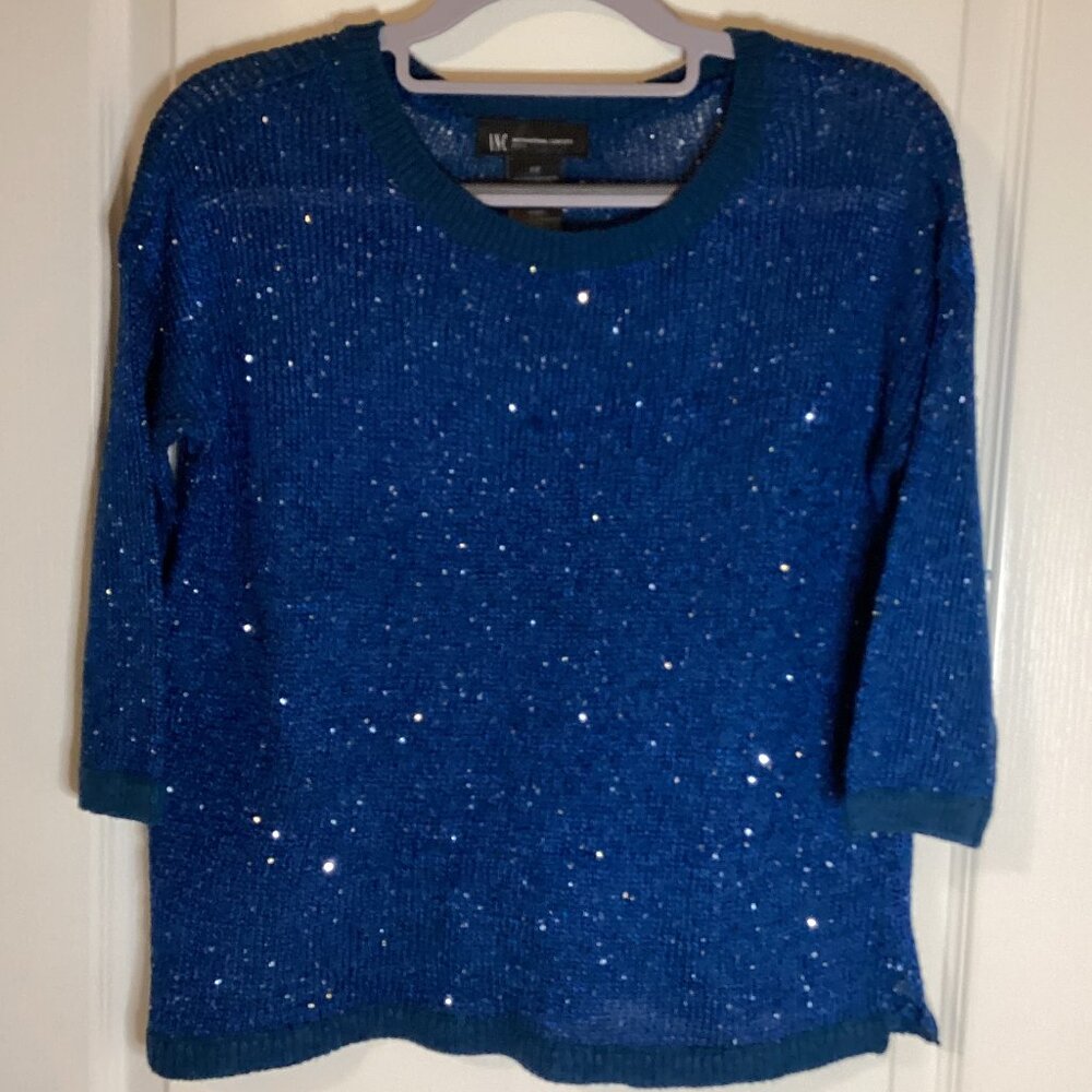 INC International Concepts Women's Blue Sequin Semi Sheer Sweater Size P Party